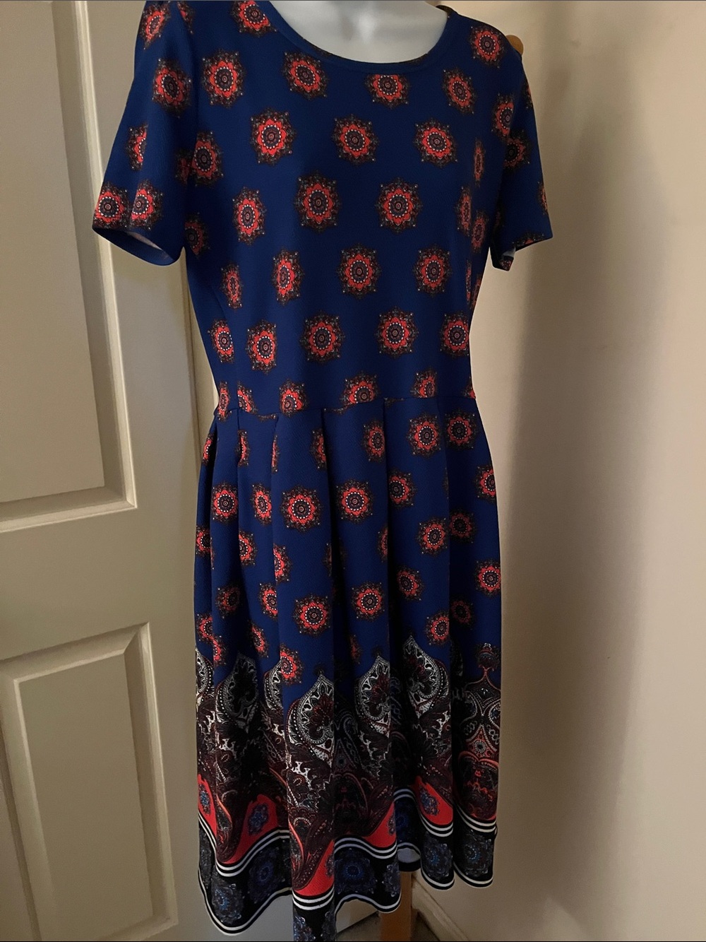 LulaRoe Blue Short-Sleeve Fit & Flare Dress with Red Paisley Medallions
